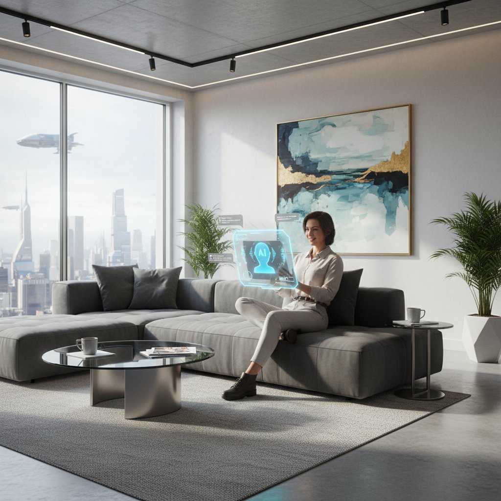 Użytkownik korzystający z AI do rozmowy online, nowoczesne wnętrze, ekran z tekstem