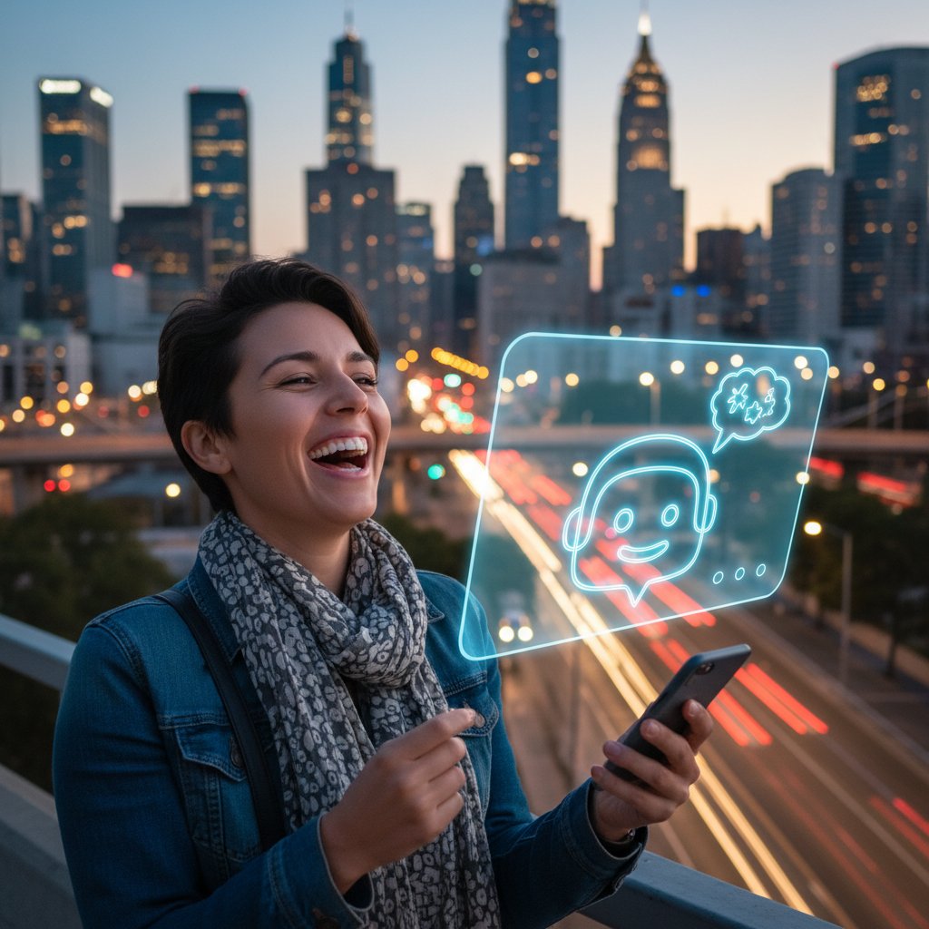 Użytkownik rozmawiający z AI przez telefon, śmiejący się w miejskim otoczeniu