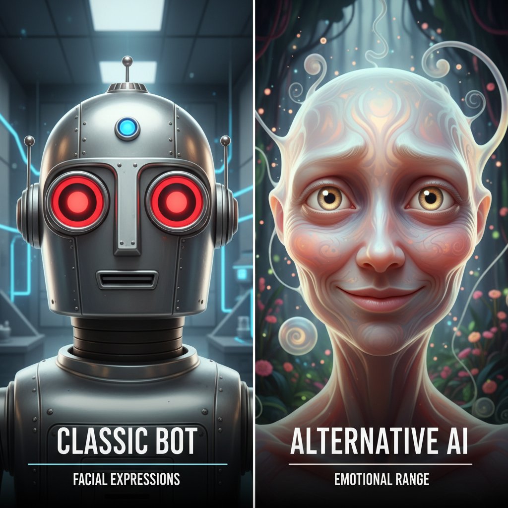 Porównanie młodej osoby rozmawiającej raz z klasycznym botem, a raz z alternatywnym AI – różnice w mimice