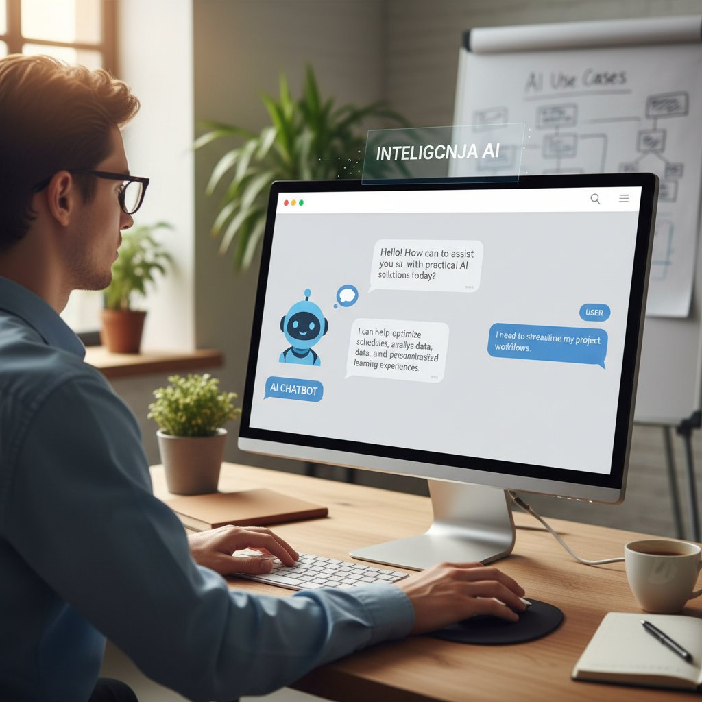 Zdjęcie osoby korzystającej z komputera z wyświetlonym chatbotem AI, praktyczne korzystanie z inteligencja.ai