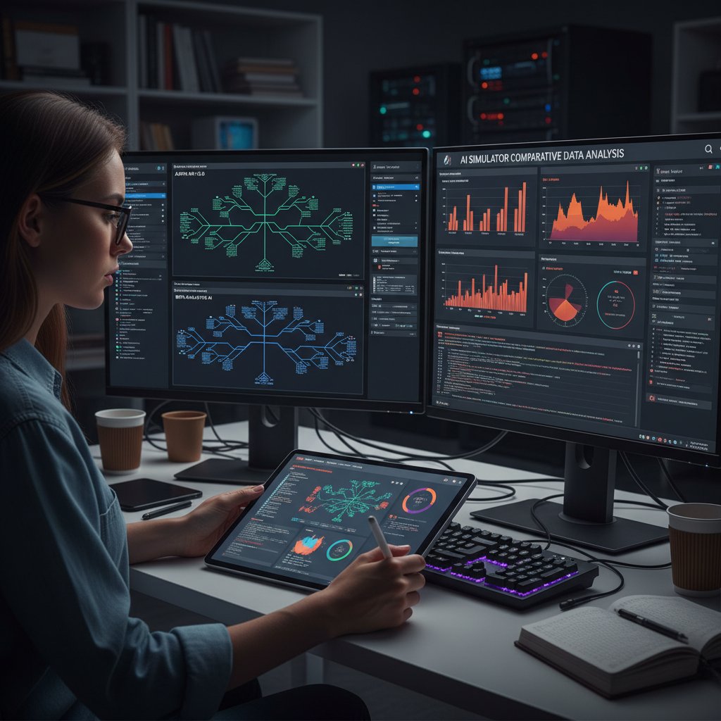 Zdjęcie użytkownika analizującego dane na ekranie komputera, porównującego różne symulatory AI