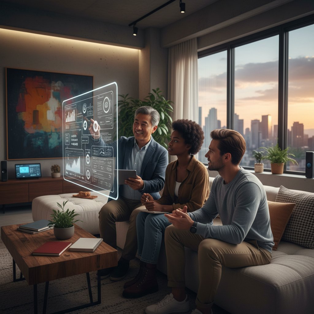 Użytkownik prowadzący przemyślaną rozmowę z cyfrowym mentorem w nowoczesnym domu – praktyczne zastosowania symulatora rozmów z autorytetami