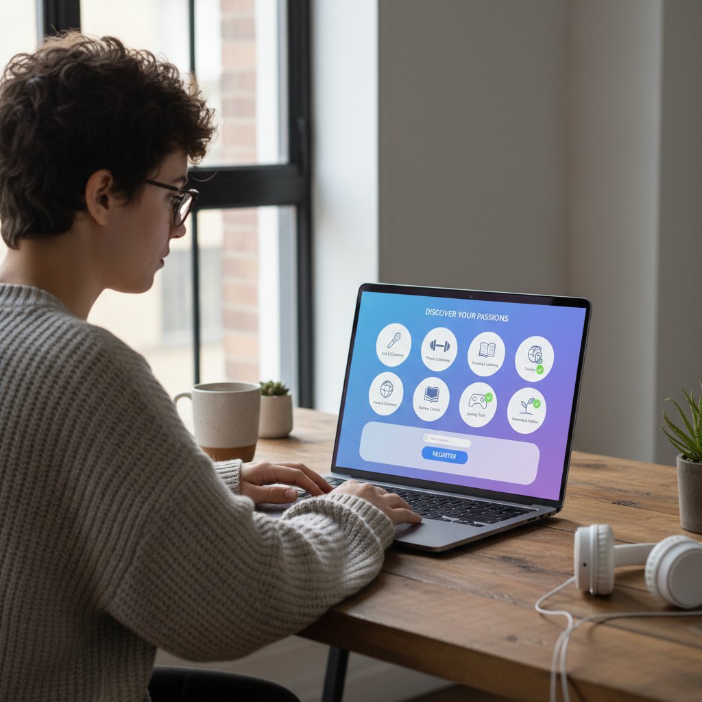 Rejestracja na stronie internetowej przez laptop, użytkownik wybiera zainteresowania, nowoczesny interfejs