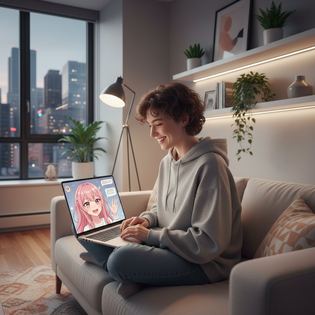 Nutzer am Laptop, lächelt beim Chat mit virtueller Freundin, moderne Umgebung