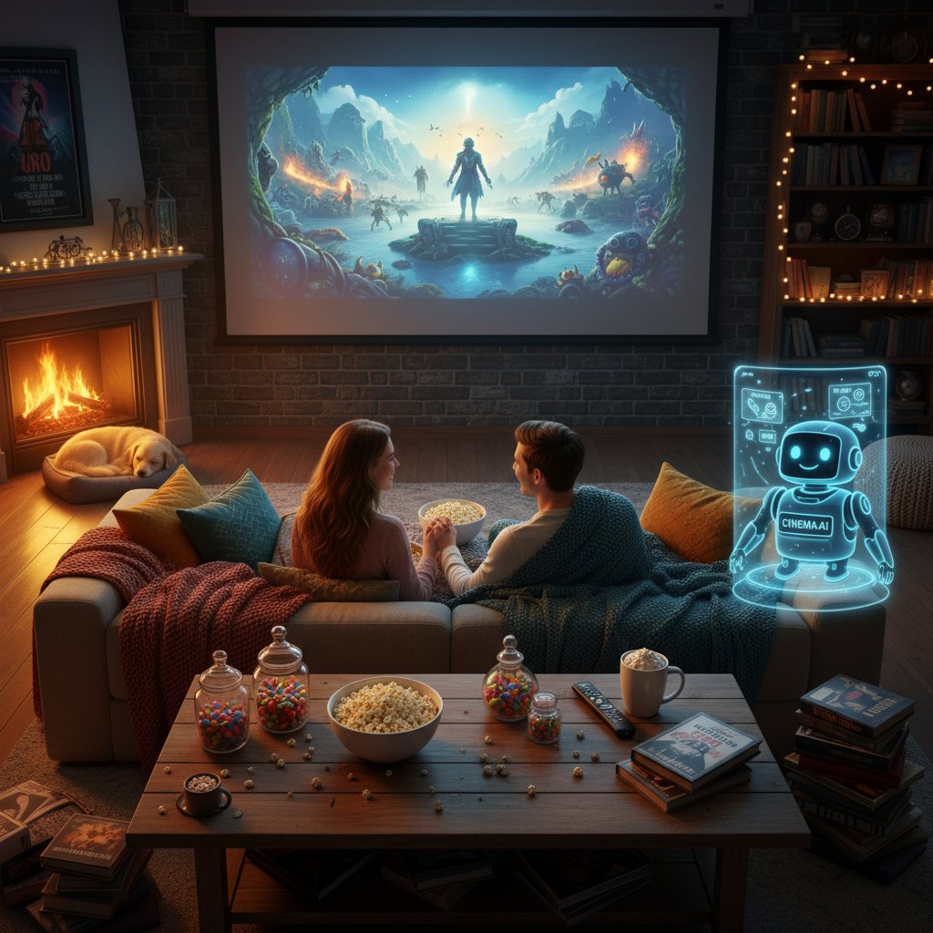 User enjoying a movie with AI assistant by their side, cozy home environment