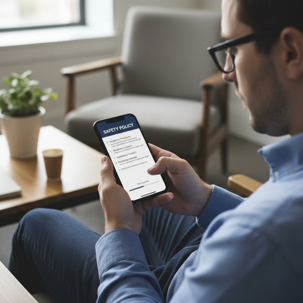 Użytkownik czytający regulamin bezpieczeństwa na ekranie telefonu