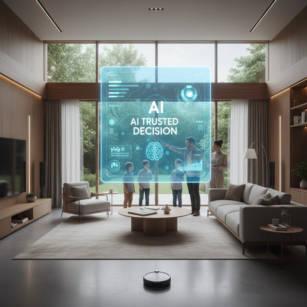 Użytkownik patrzący w ekran z napisem „AI: trusted or not?”