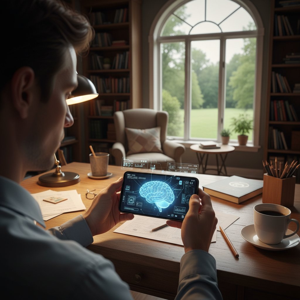 Użytkownik analizuje na smartfonie wyniki rozmowy z symulatorem AI w domowym zaciszu