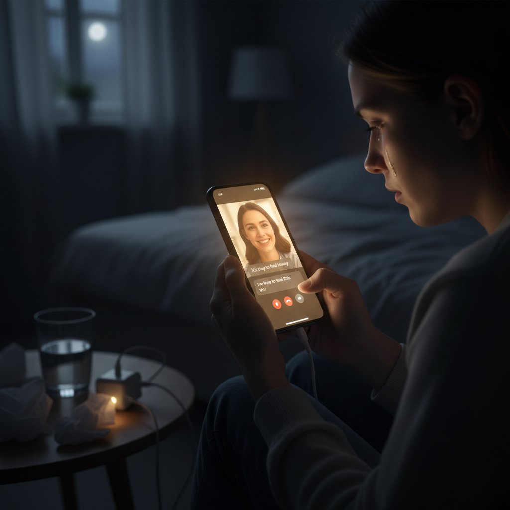 Użytkownik korzystający z telefonu w ciemnym pokoju, wygaszony ekran, wsparcie online, wsparcie emocjonalne