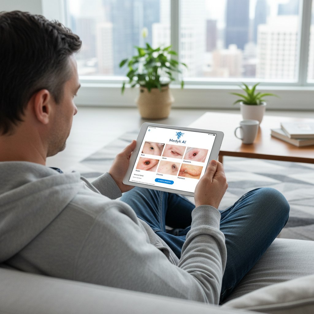 Użytkownik korzystający z aplikacji Medyk.ai na tablecie, wyświetlającej poradnik dotyczący problemów skórnych
