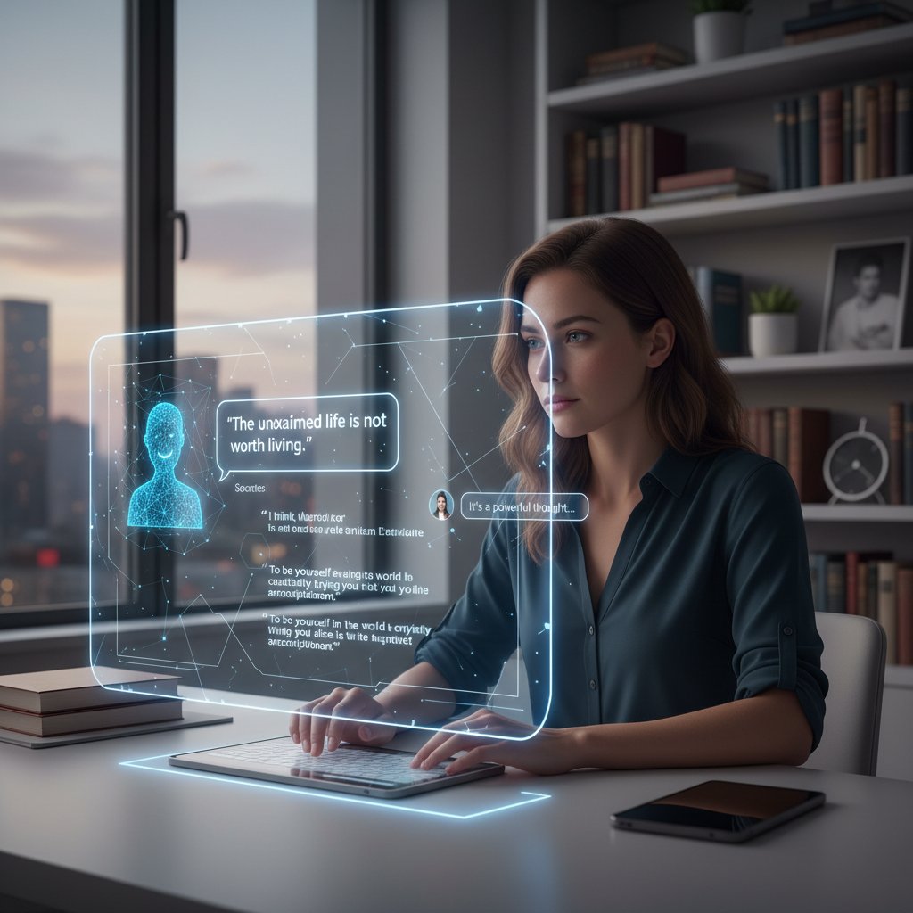 Zdjęcie użytkownika rozmawiającego z AI na inteligencja.ai, ekran z cytatami filozofów