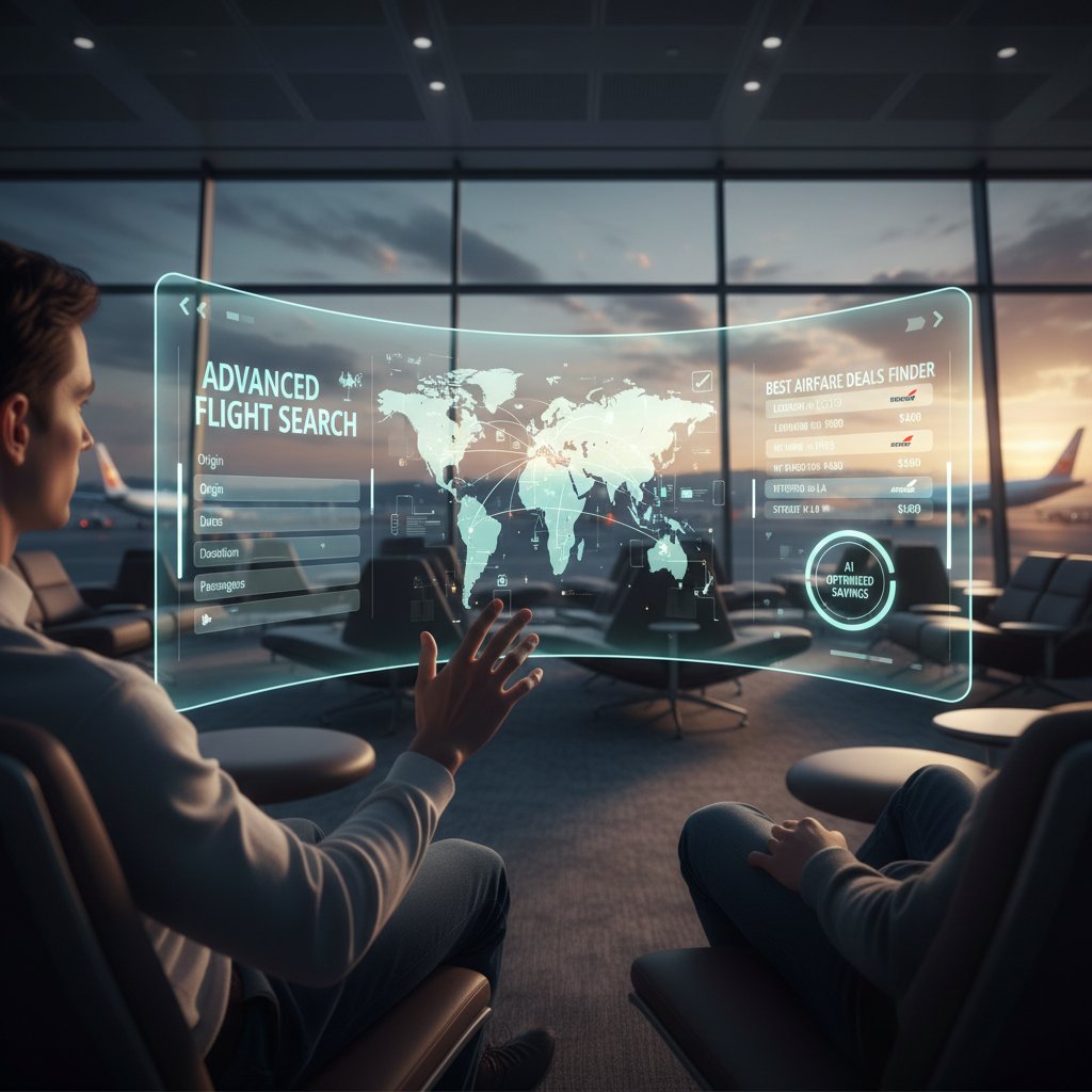User with advanced flight search dashboard in airport lounge, best airfare deals finder AI-powered search