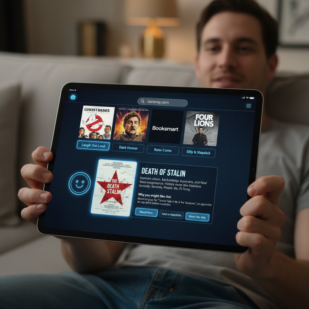 User engaging with AI-powered movie recommendation platform on a tablet, visually representing personalized comedy discovery via tasteray.com