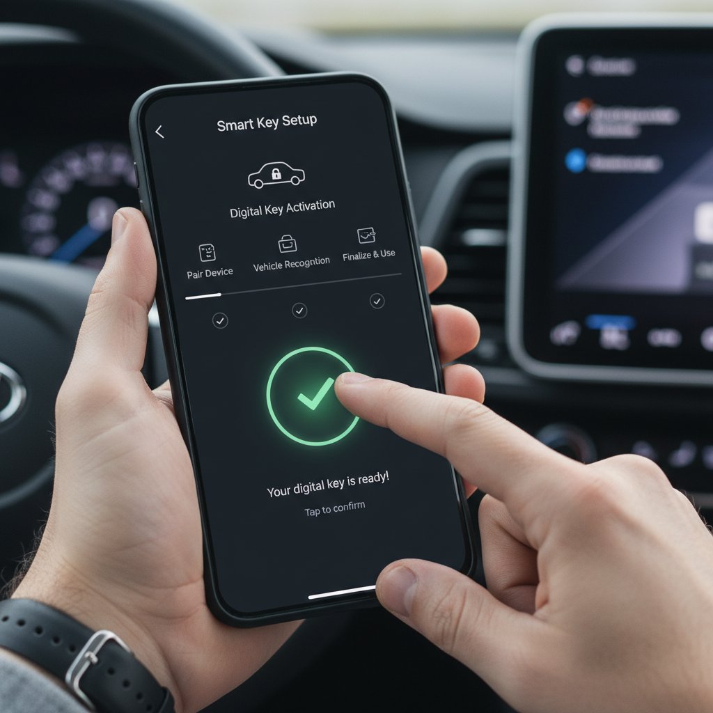 Person reviewing digital key checklist on smartphone, setup steps, digital key readiness