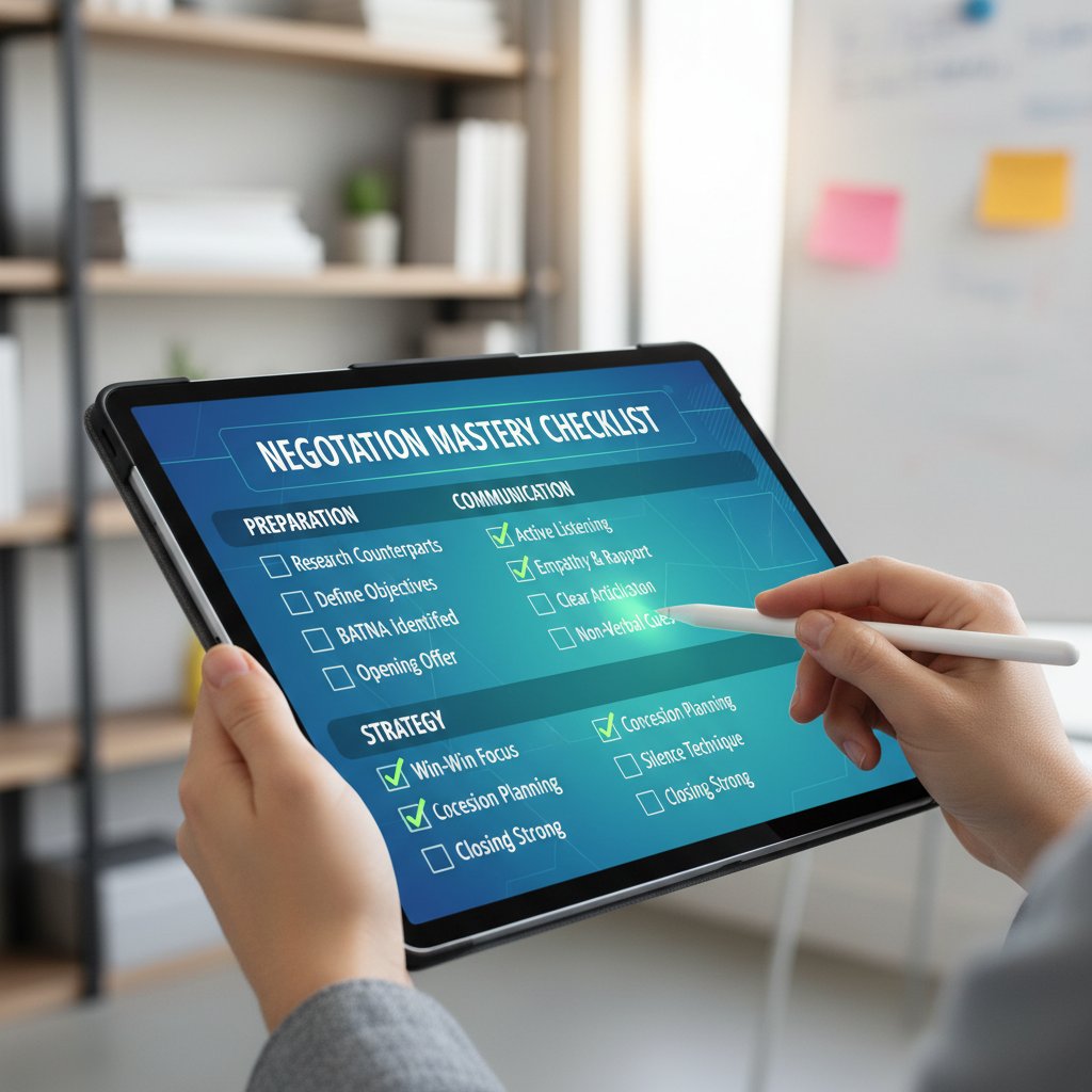 Użytkownik korzysta z checklisty do oceny swoich umiejętności negocjacyjnych na tablecie