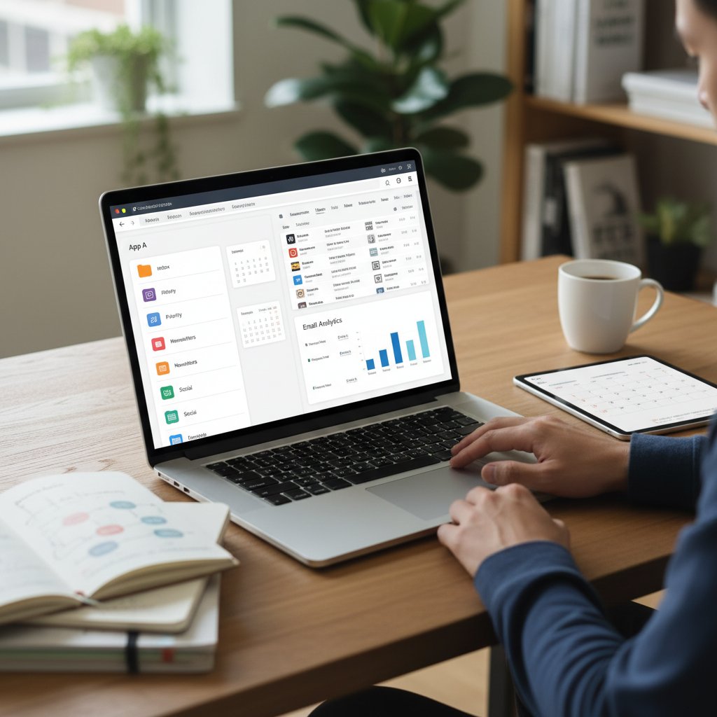 Użytkownik porównuje aplikacje do porządkowania maili na laptopie, skupienie, analizowanie opcji