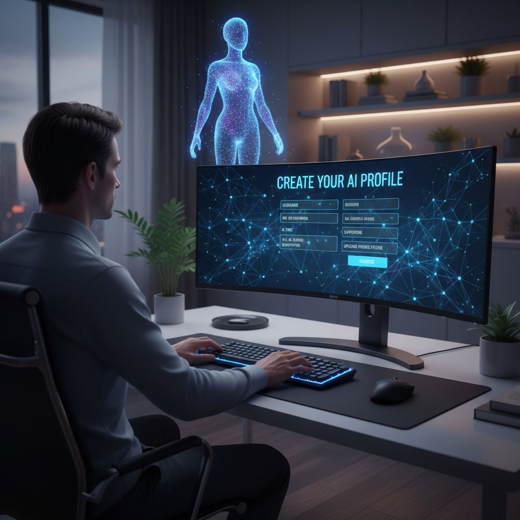 Użytkownik tworzący profil AI na komputerze, jak zacząć z symulacją osobowości