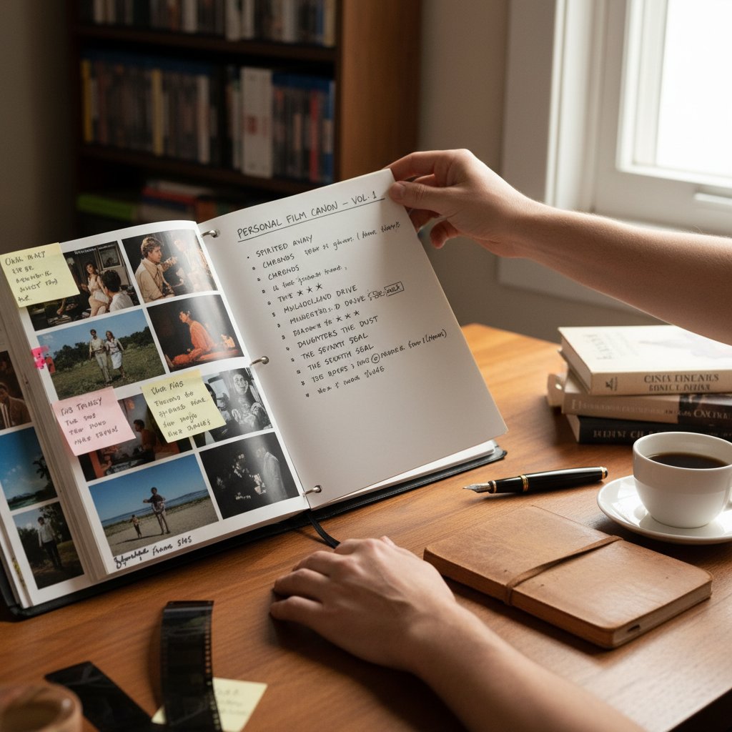 Person curating personal film canon with notes and images