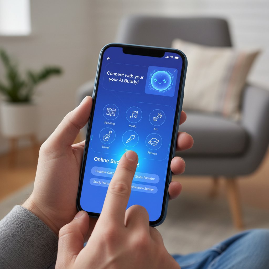 Użytkownik personalizuje aplikację AI na smartfonie, ekran z opcjami zainteresowań, kumpel online