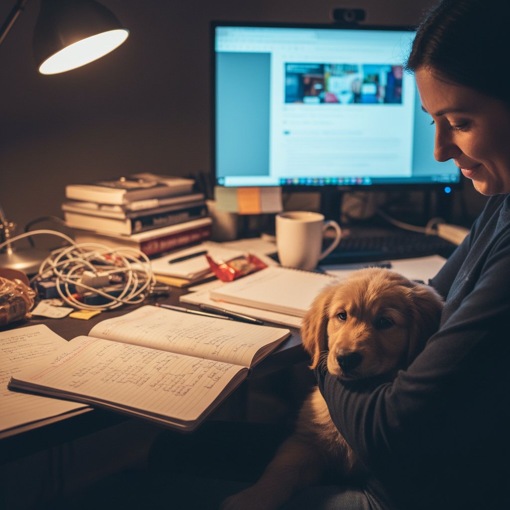 Użytkownik przy biurku z notatkami, szczeniak na kolanach, intensywne przygotowania do sesji online