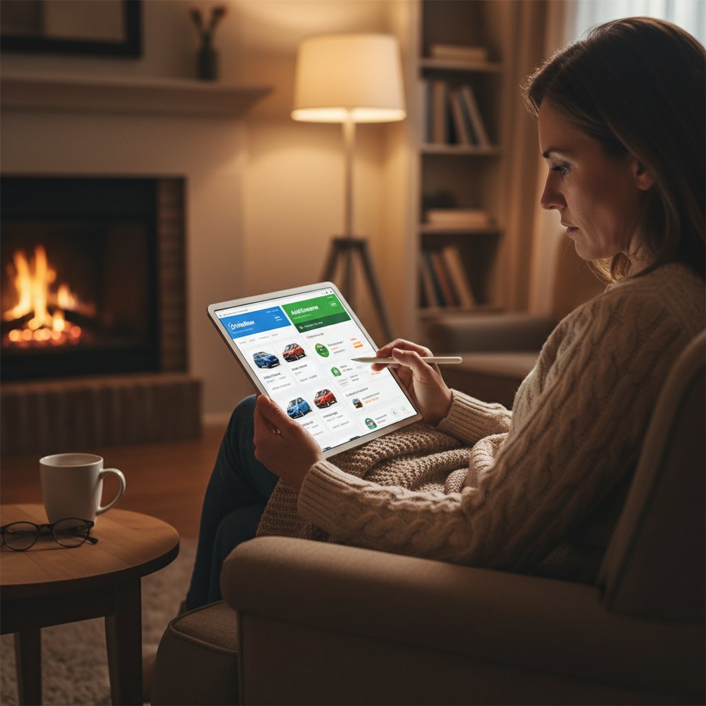 User evaluating online car buying platforms on tablet at home, split-screen comparison, cozy lighting