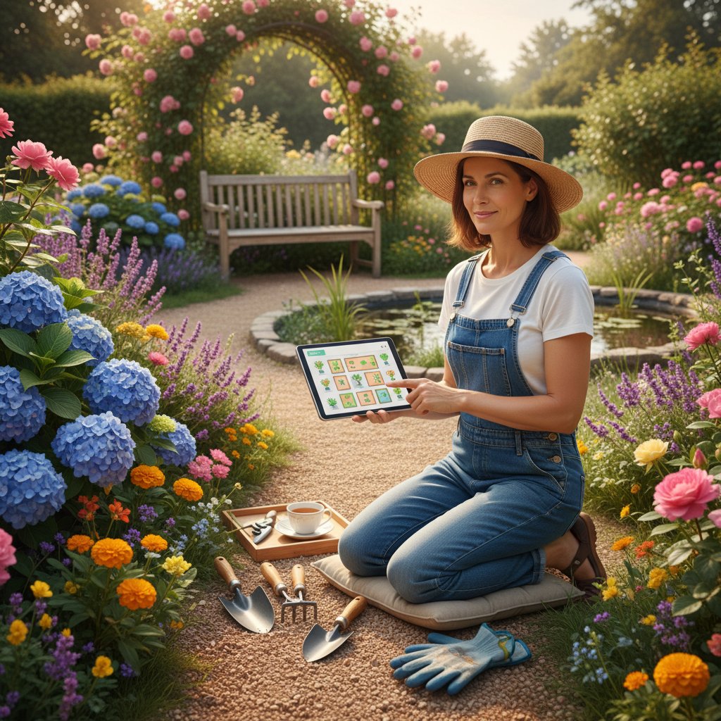 Osoba z tabletem pracująca przy rabacie, wokół narzędzia, notes, relaksujące tło ogrodu
