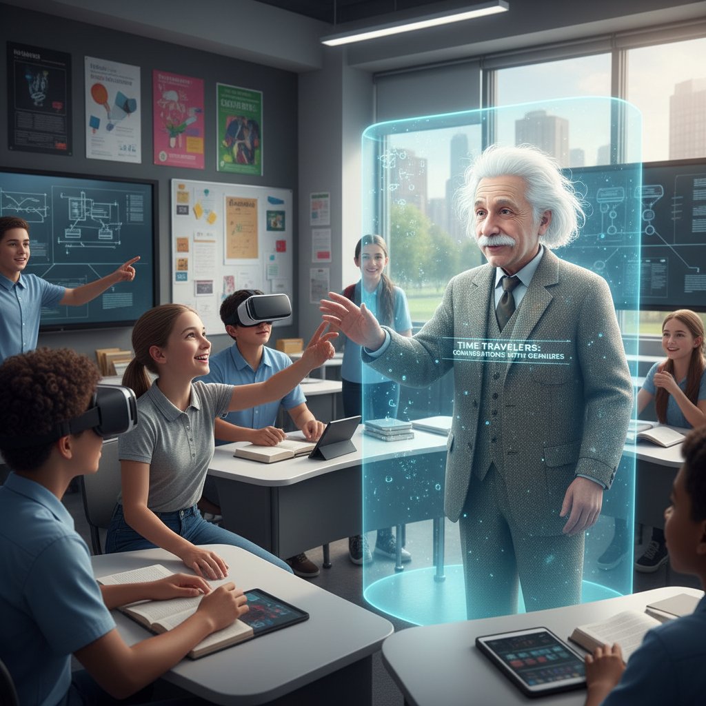 Użytkownik rozmawiający z holograficzną postacią historyczną, klasa, inspirujący klimat