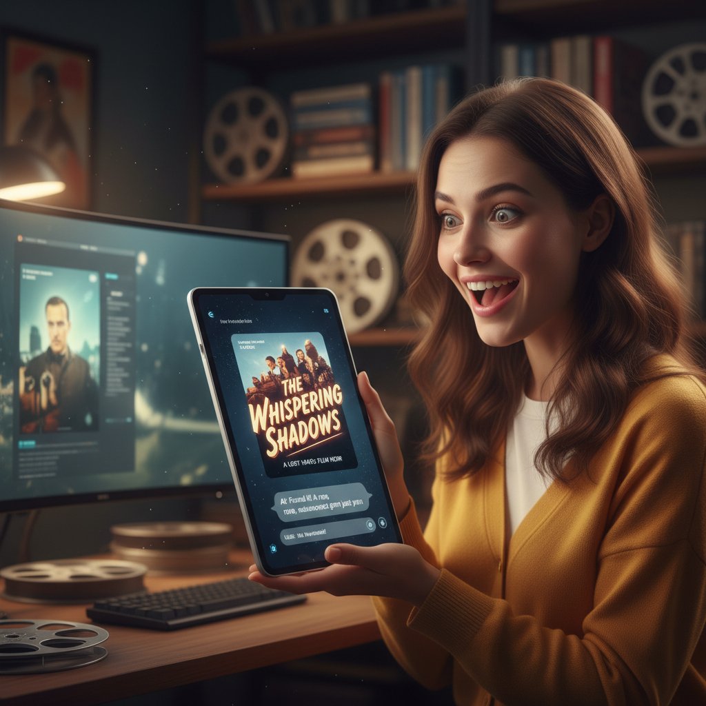 Person discovering an unexpected movie recommendation from an AI, user interacting with AI on a tablet, surprised and delighted