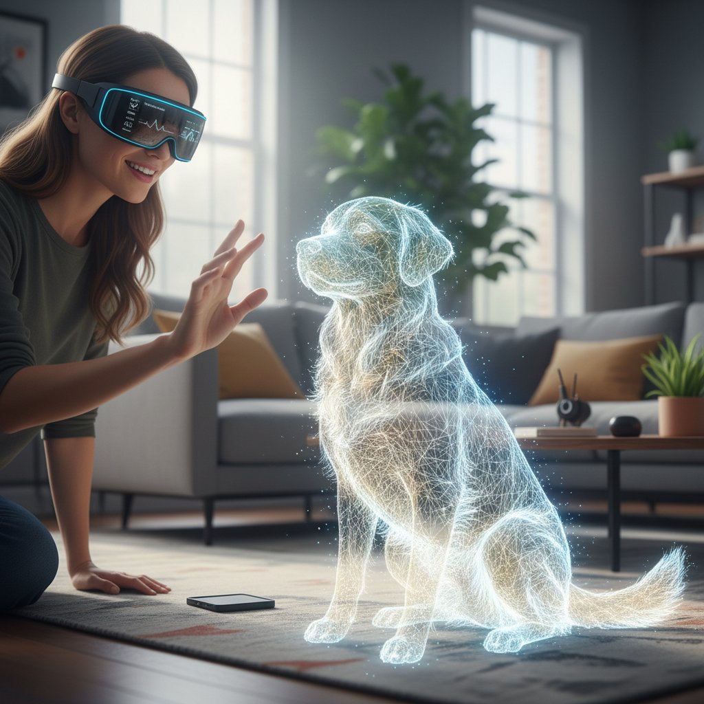 Interakcja z psem w rozszerzonej rzeczywistości, użytkownik w okularach AR i wirtualny pies w naturalnym otoczeniu – gry pies symulator życia