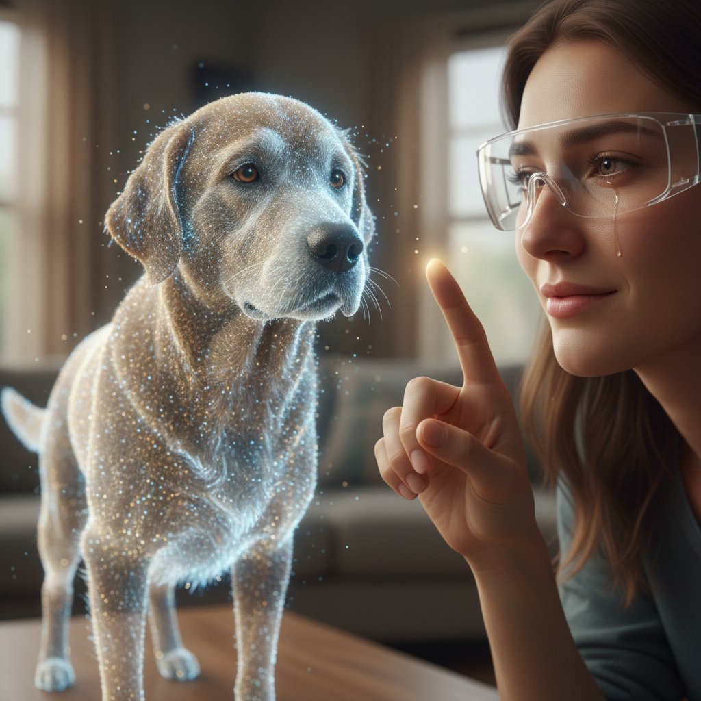 Osoba z wyrazem wzruszenia patrząca na ekran z wirtualnym psem seniorem