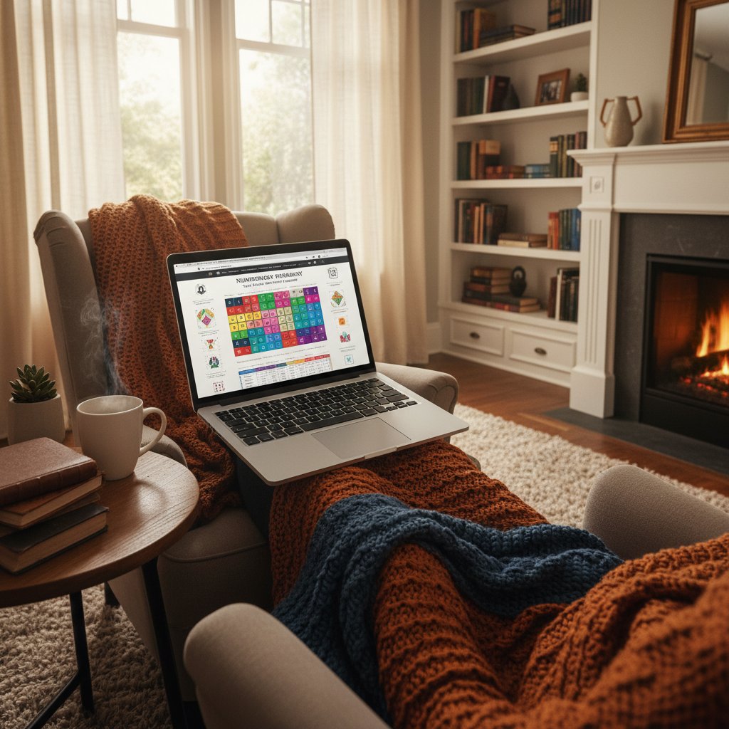 Szene mit Nutzer:in am Laptop, Website mit Numerologie-Analyse offen, entspannte Atmosphäre