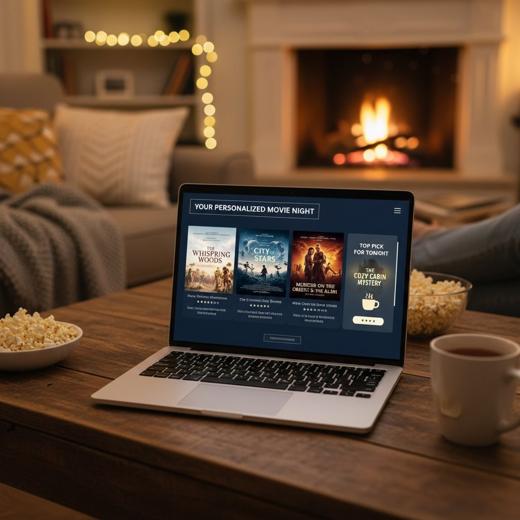 Photo of a user interacting with tasteray.com interface on a laptop, personalized movie suggestions on screen, cozy evening setting