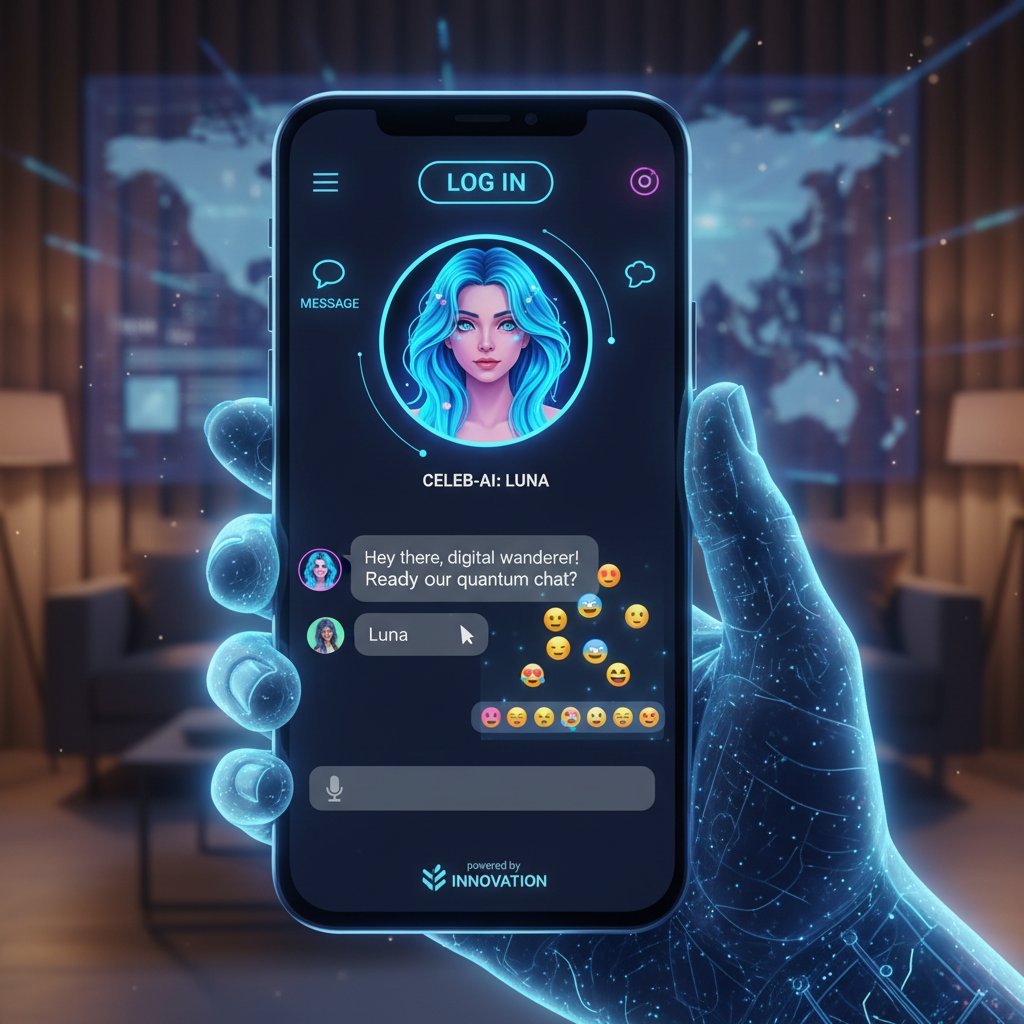 Osoba logująca się do aplikacji symulującej rozmowy z celebrytami, nowoczesny interfejs, atmosfera innowacji