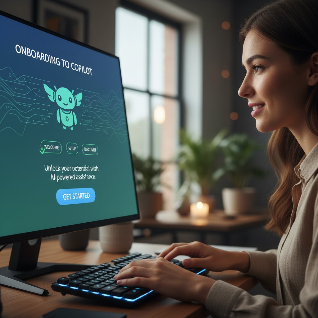 Użytkownik patrzący na ekran z pierwszym uruchomieniem Copilota, nadzieja i koncentracja