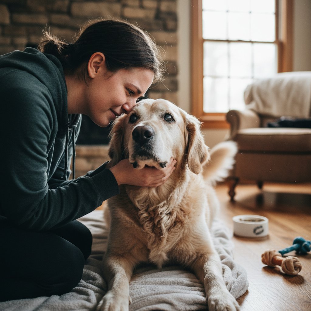 Spotkanie użytkownika z prawdziwym starszym psem po doświadczeniu wirtualnym