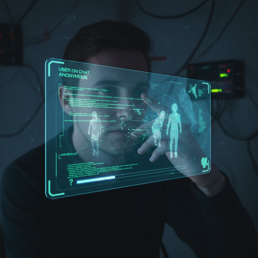Użytkownik korzystający z czatu AI bez rejestracji, ekran komputera, poczucie niepewności