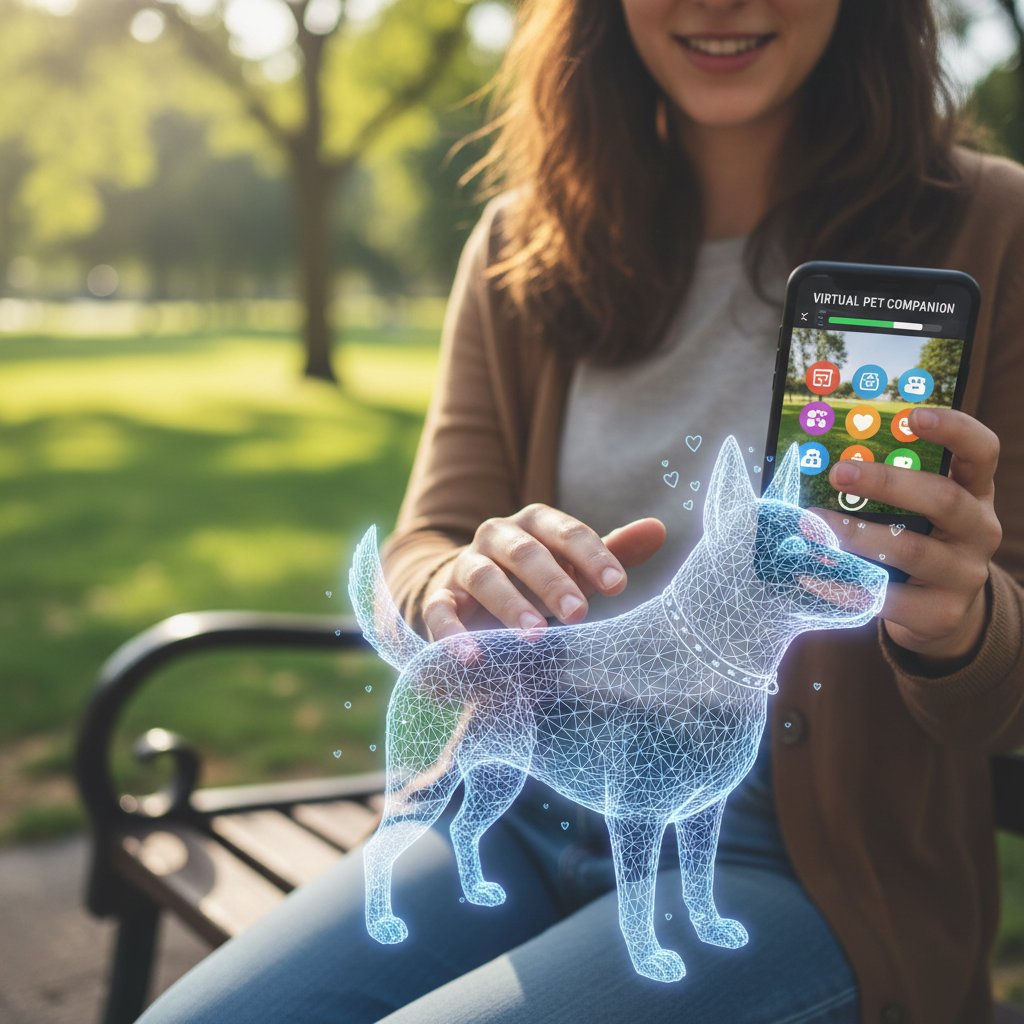 Osoba głaszcze wirtualnego psa na ekranie telefonu w jasnym otoczeniu, piesek reaguje radośnie
