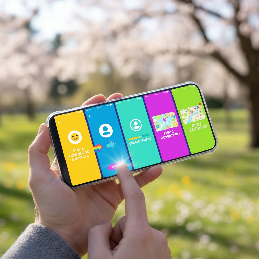 Użytkownik z telefonem, ekrany aplikacji krok po kroku, jasne kolory