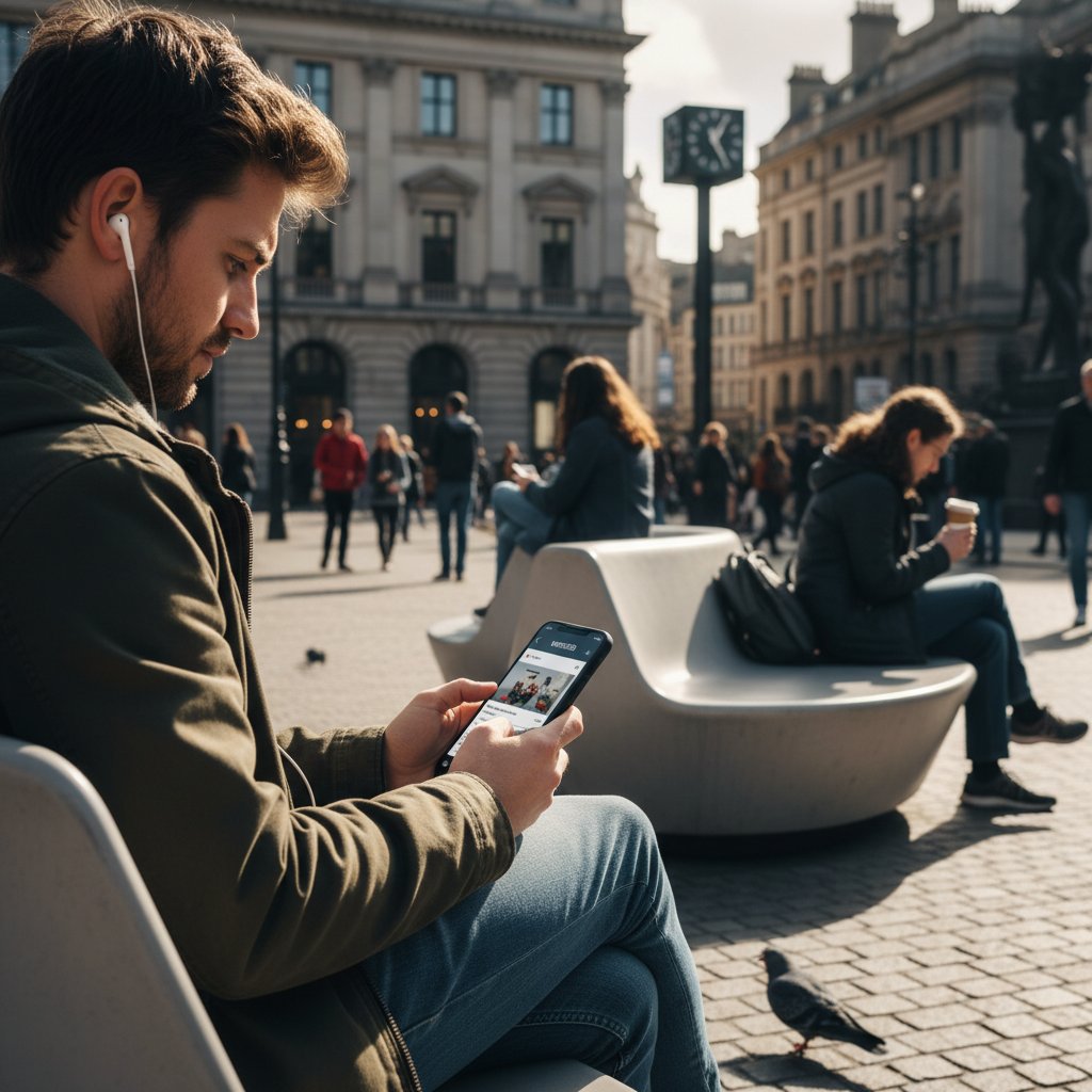 Użytkownik czytający newsy w aplikacji na tle miejskiego placu