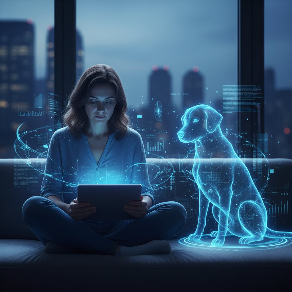 Osoba zamyślona przy wirtualnym piesku na tablecie, światło okienne, atmosfera refleksji