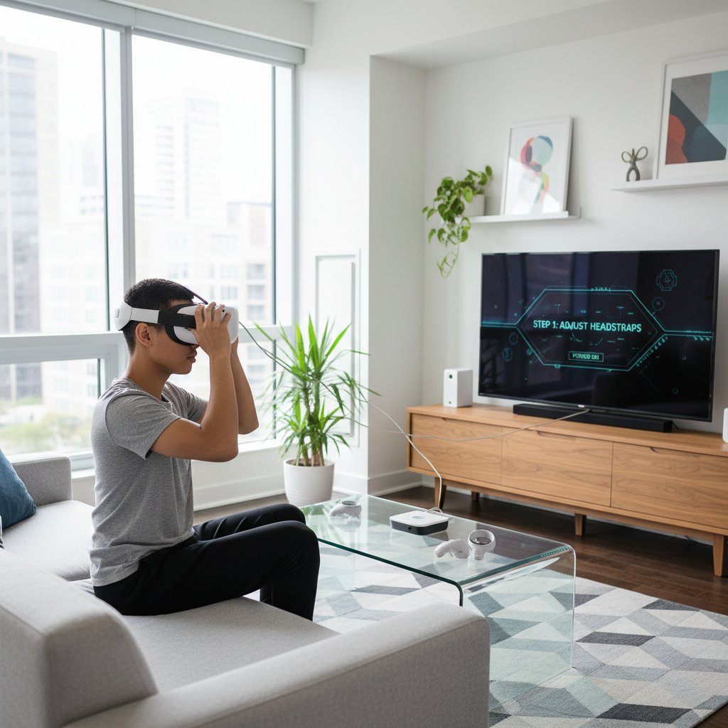 Photo of a user setting up a VR headset in a modern living room, instructional, clean