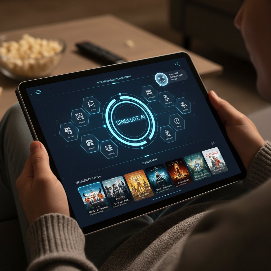 Close-up photo of a user interacting with a sleek, modern film assistant interface on a tablet, showing ease of use and accessibility