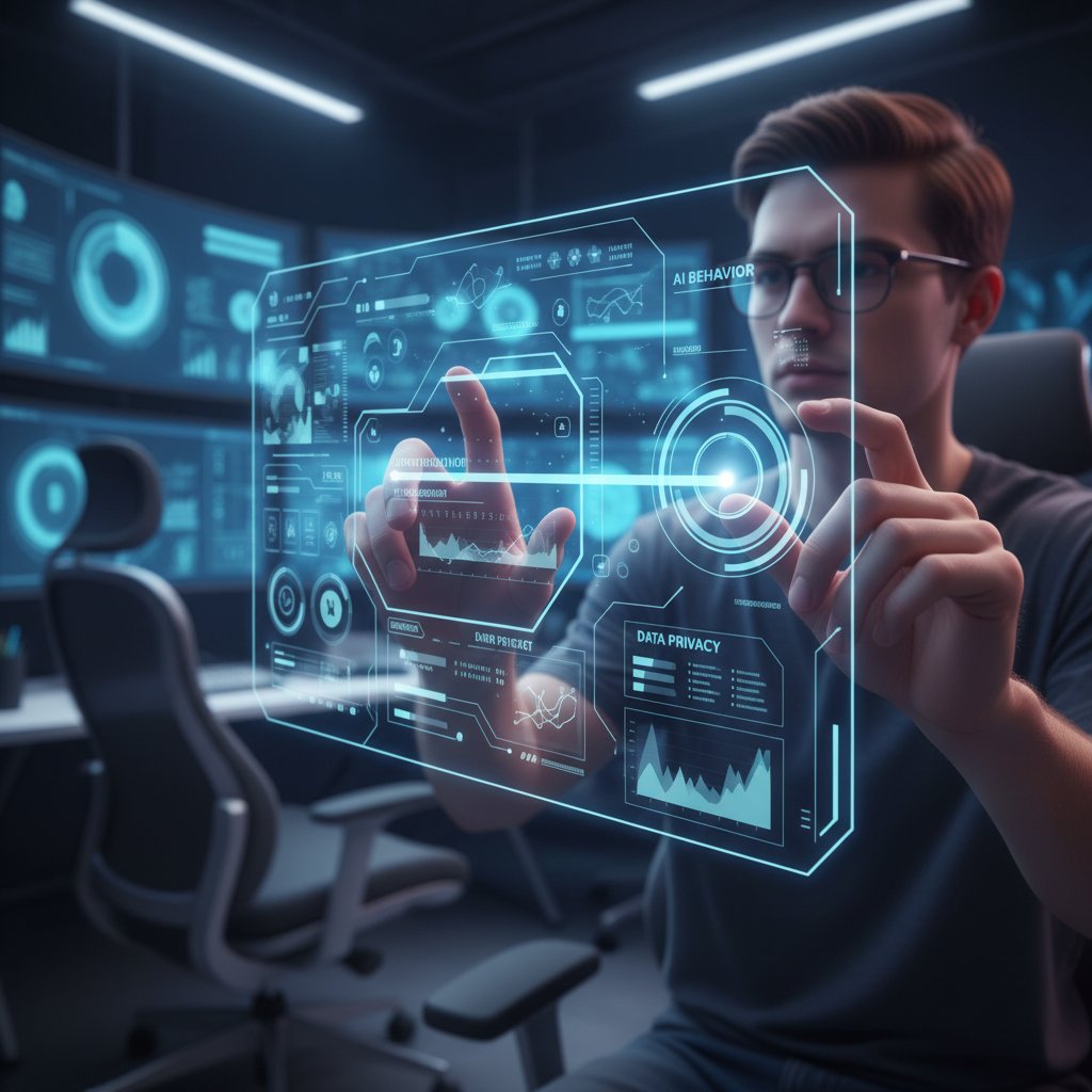 Użytkownik personalizuje ustawienia AI na zaawansowanym panelu, ilustrując kontrolę nad algorytmem