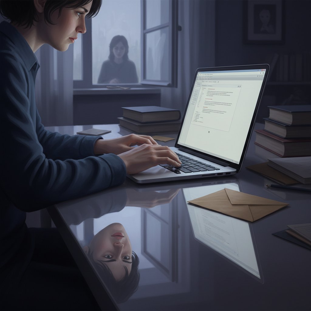 Zdjęcie: użytkownik wpisujący tekst na laptopie, ekran odbijający zamyśloną twarz, atmosfera niepewności