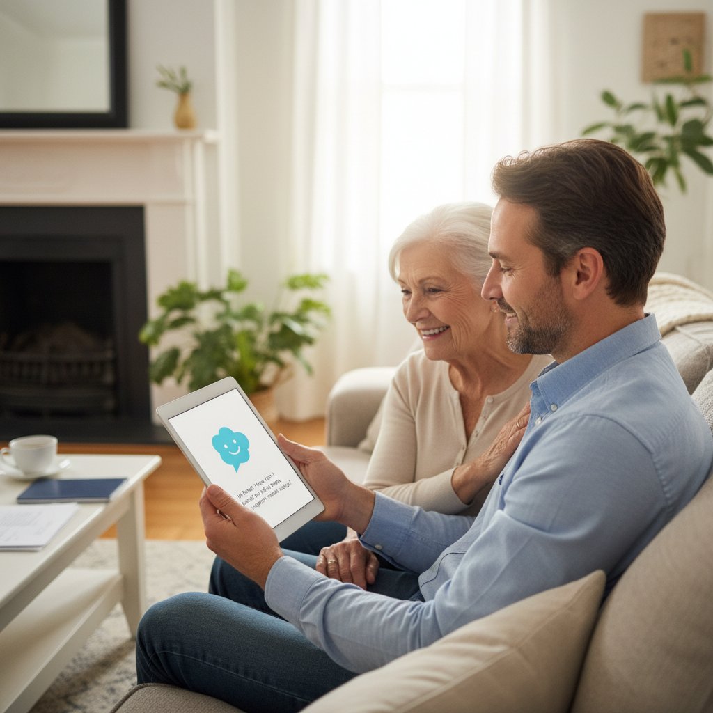 Użytkownik korzystający z chatbota AI na smartfonie, otoczenie domowe, poczucie wsparcia