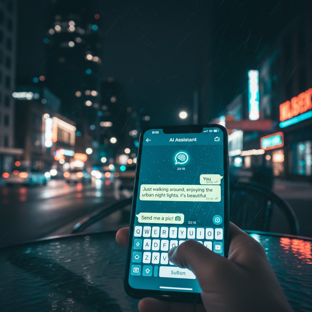 Intensywny portret użytkownika WhatsApp zatopionego w rozmowie z AI w miejskim otoczeniu nocą, motyw refleksji i cyfrowej przyszłości