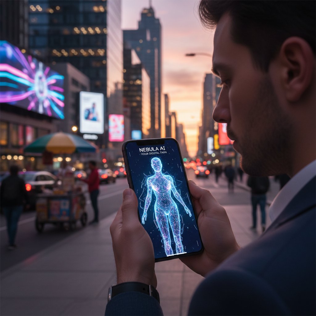 Dynamiczna scena z użytkownikiem korzystającym z aplikacji mobilnej z awatarem AI