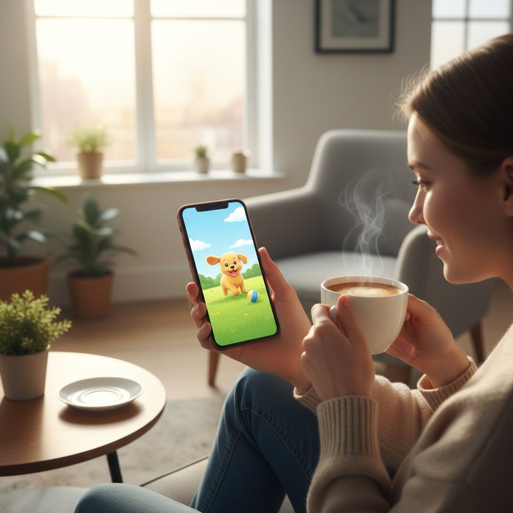 Użytkownik z telefonem i aplikacją pies symulator codziennych spacerów podczas porannej kawy