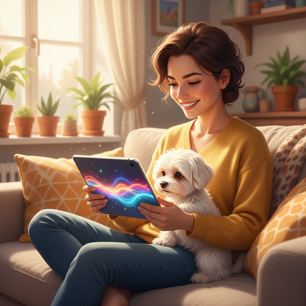 Użytkownik korzysta z pieska.ai na tablecie, uśmiech, pozytywna energia