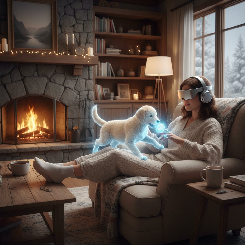 Użytkownik rozmawiający z wirtualnym pieskiem na ekranie laptopa, w tle przytulne mieszkanie, atmosfera domowa